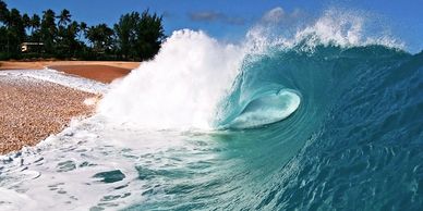 A large ocean wave curls near a sandy beach.