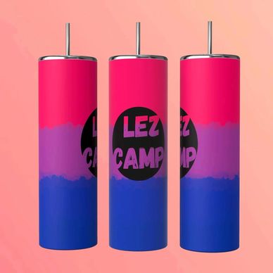 Three colorful tumblers with straws, featuring a pink, purple, and blue gradient and partial text.