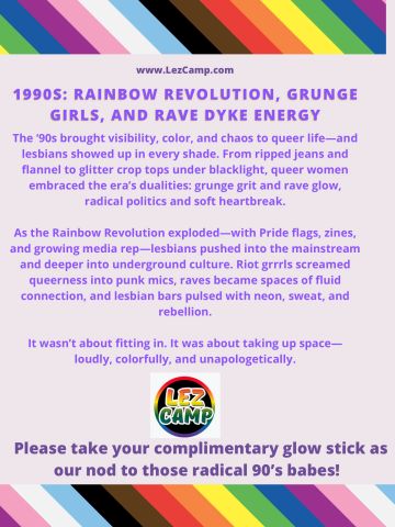 90s queer culture celebrated with rainbow pride, grunge, and rave energy.