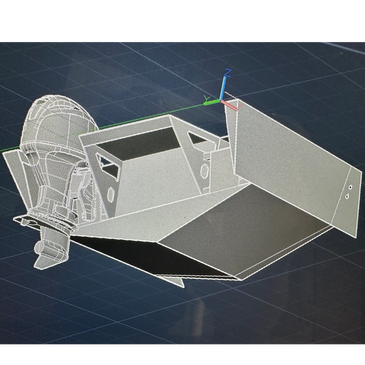 3D model of a mechanical device with angular panels and a complex component.