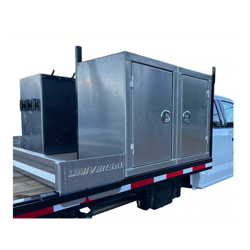 Metal toolboxes installed on the flatbed of a white pickup truck.