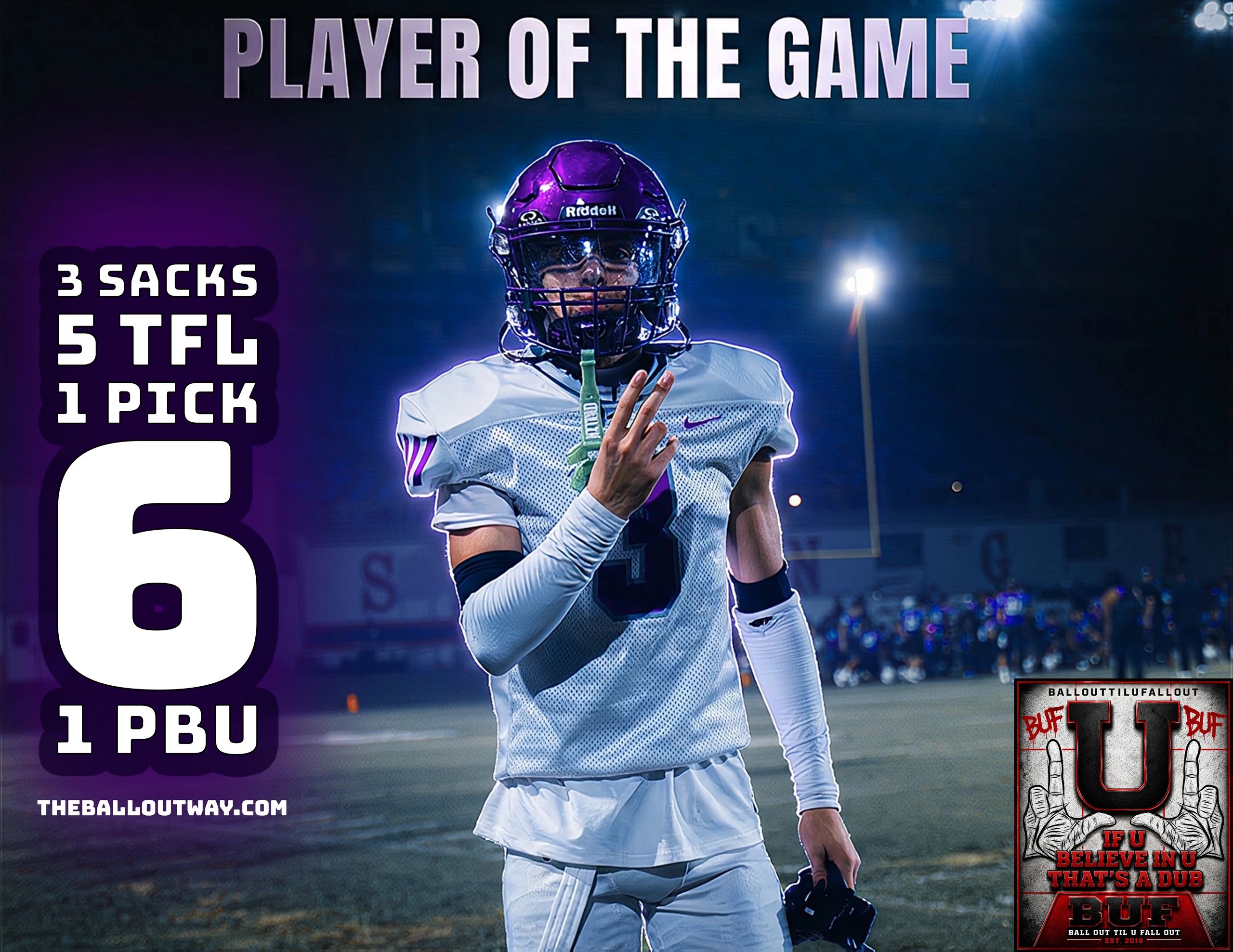 Football player recognized as Player of the Game with 3 sacks and 5 tackles for loss.