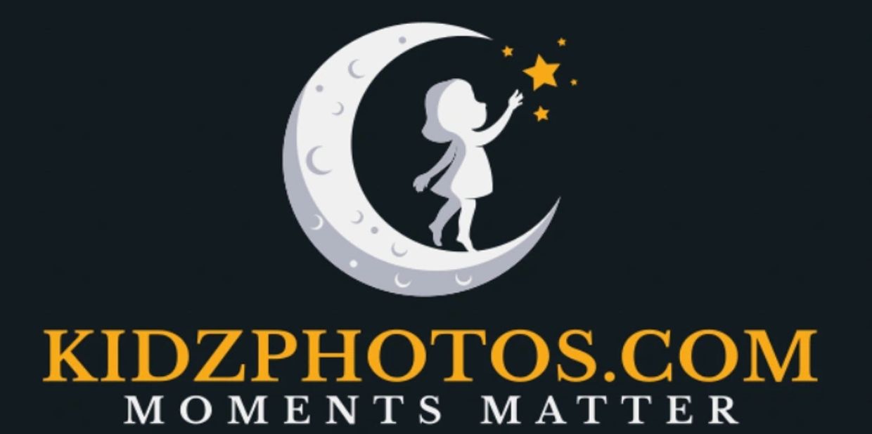 Logo of KidzPhotos.com with a child reaching for stars on a crescent moon.