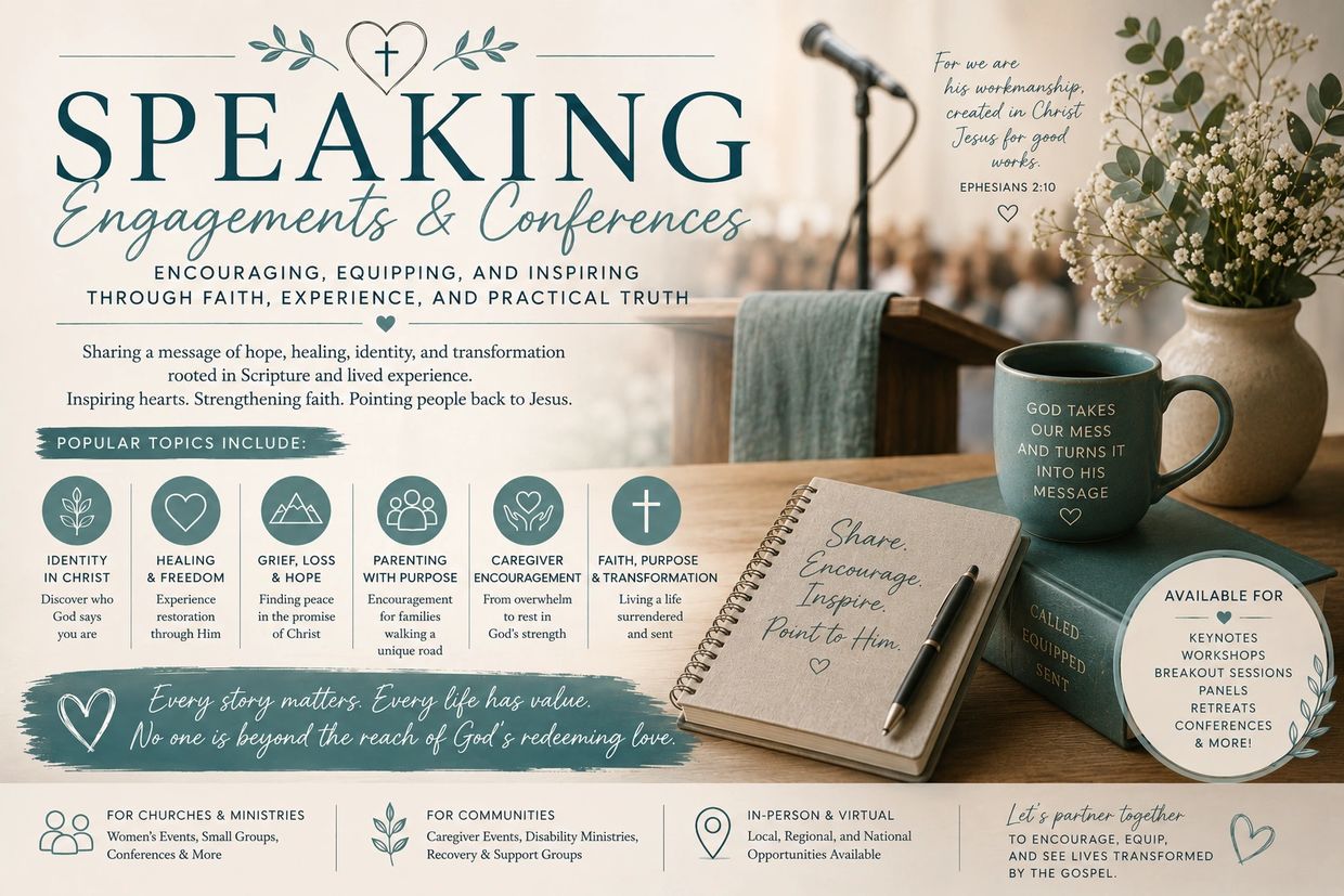 Promotional poster for faith-based speaking engagements and conferences offering hope, healing, and transformation.