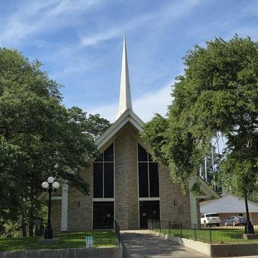 A church with a tall white steeple surrounded by trees under a blue sky.