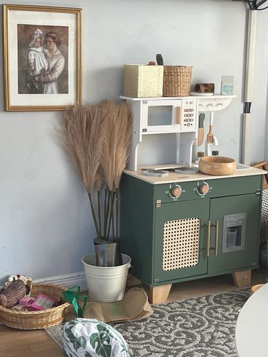 Beautiful boho vintage play kitchen sage green and wicker 