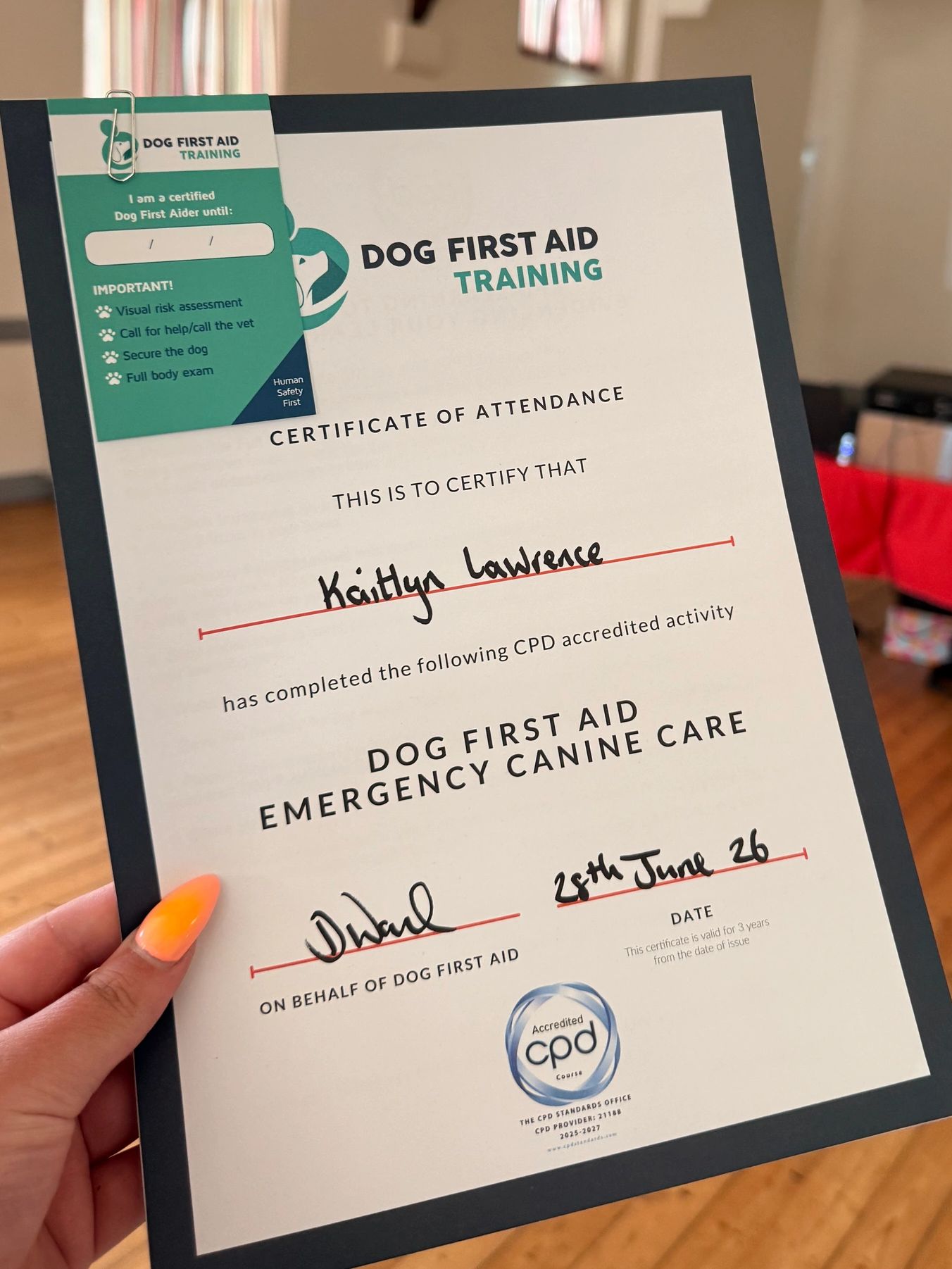 Certificate for completing Dog First Aid Training.