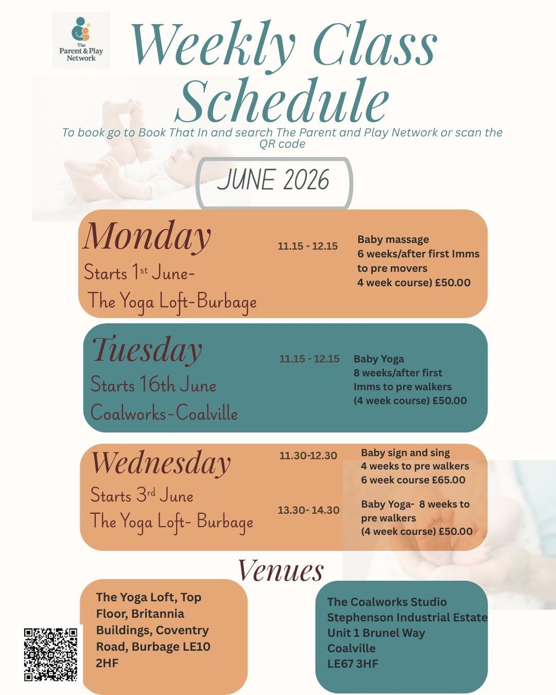 Weekly baby and toddler classes at The Parent &amp; Play Network in June 2026.