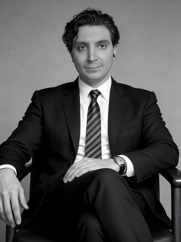 Black and white portrait of a confident young man in a suit.
