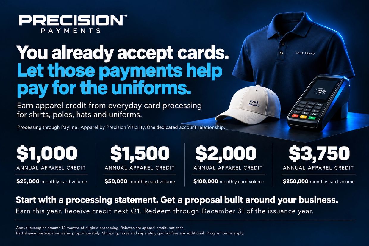 Payment offer to earn apparel credit with card processing.