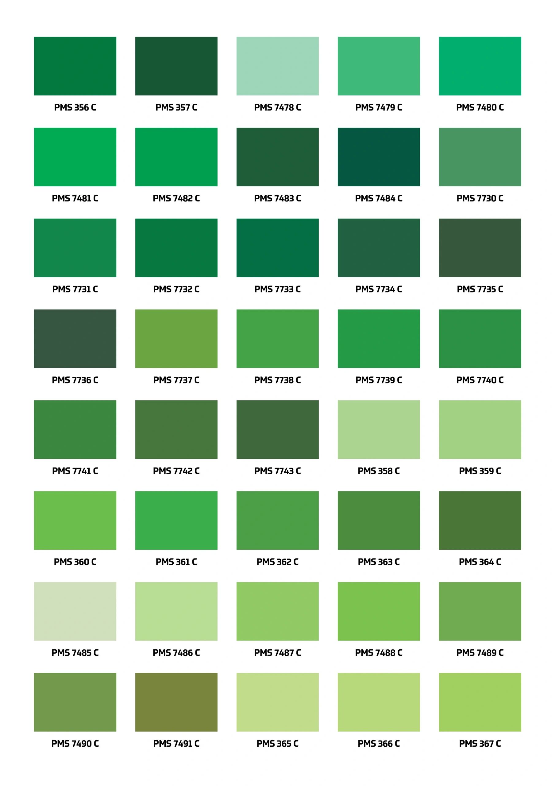 Pantone green color swatches arranged in a grid with codes.
