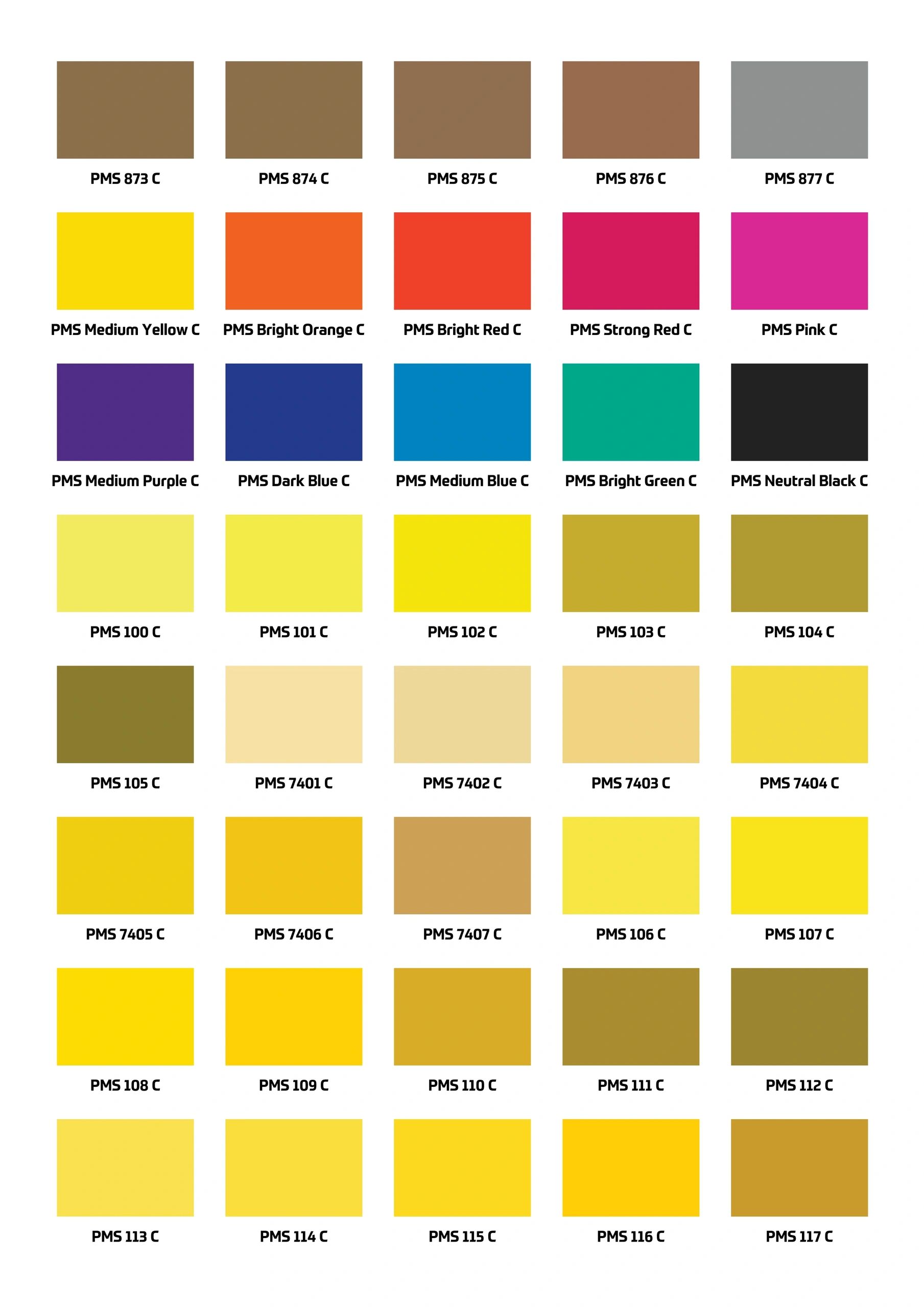 Pantone color swatches in various shades of yellow, brown, blue, red, and black.