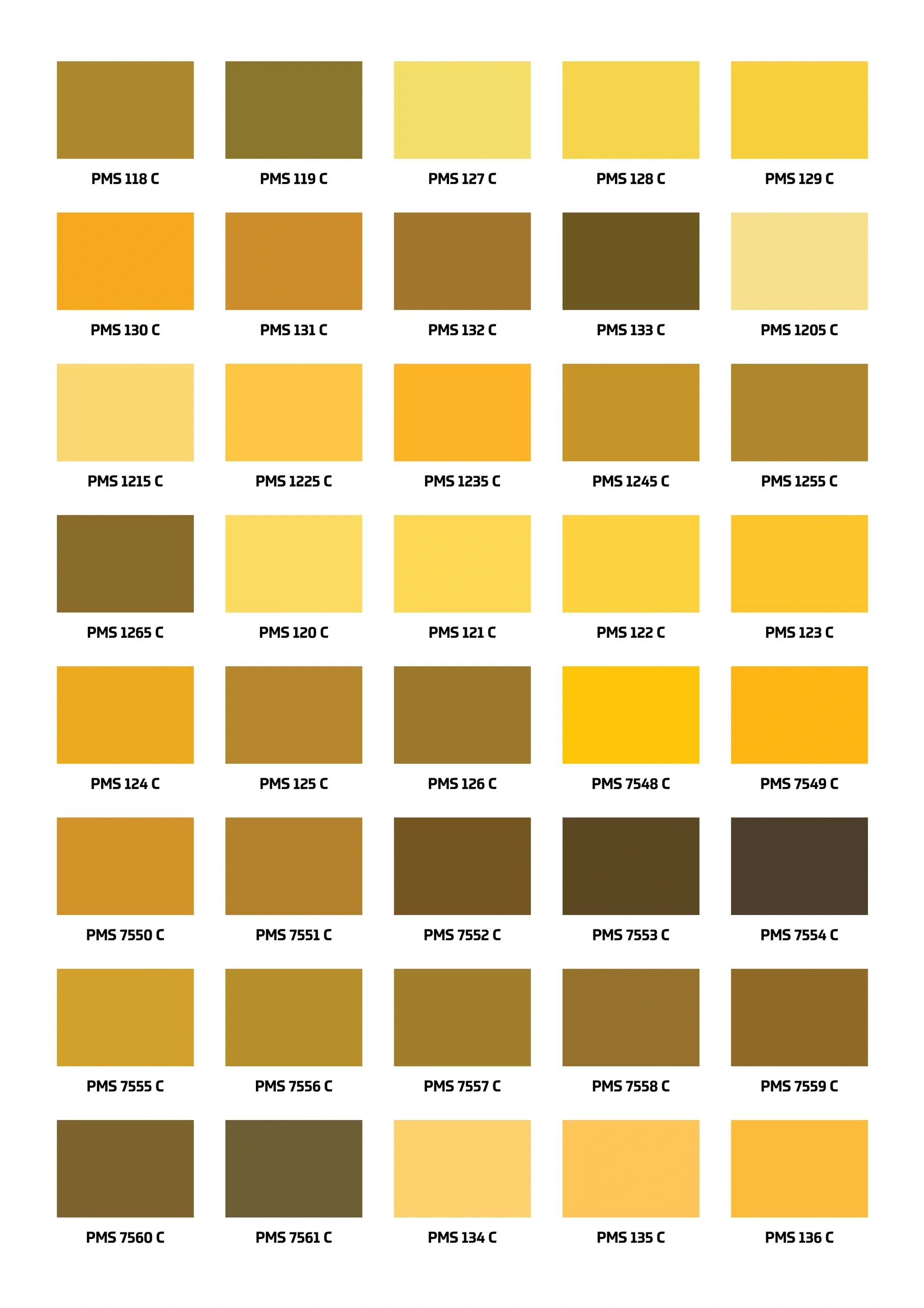 Grid of yellow and brown Pantone color swatches with codes.