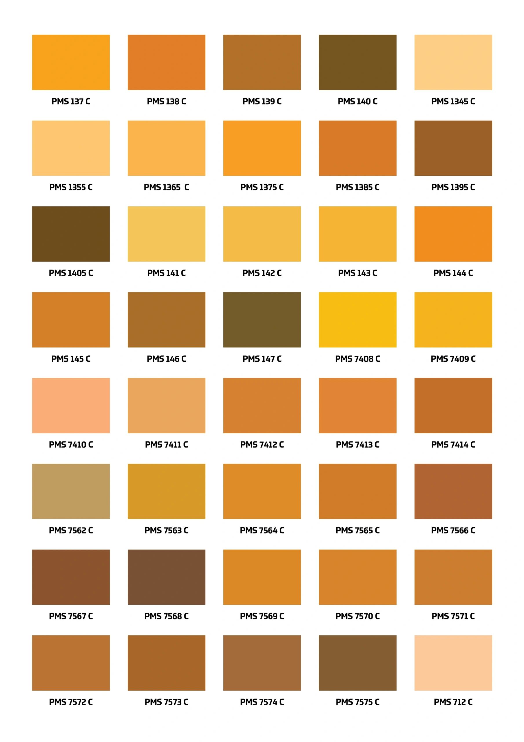 Various shades of orange and brown Pantone color swatches.