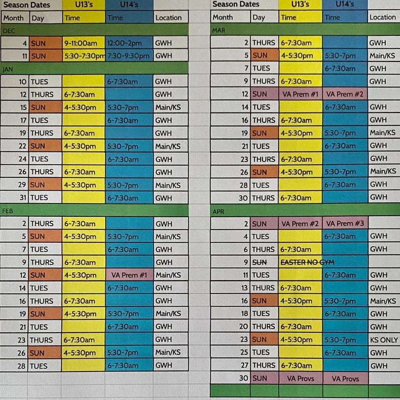 U13/14 Schedule