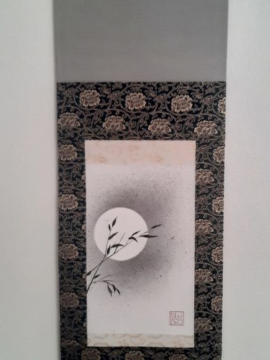 This is a Full Moon Sumie with leaves painted by artist Vinh Bui. A 3 Step style scroll for $150. 