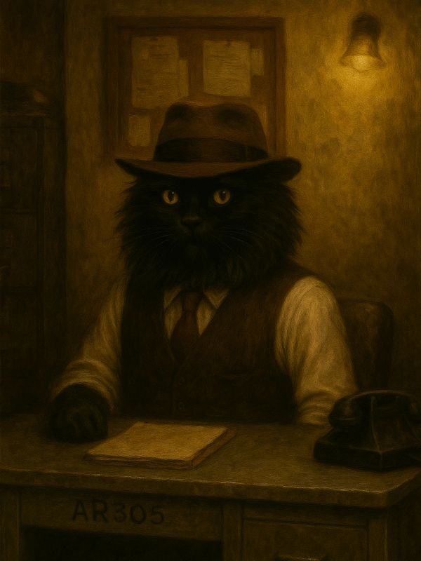 A black cat dressed as a detective sits at a desk in a vintage setting.