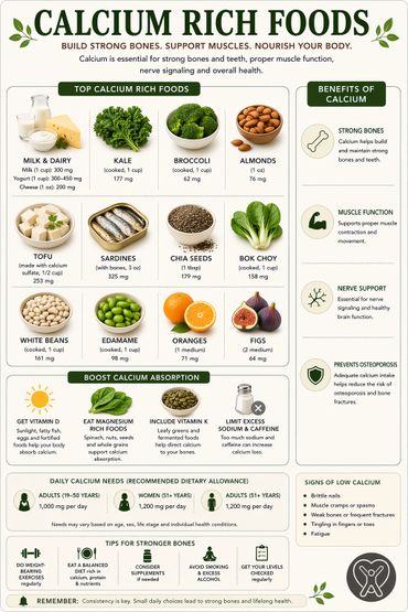 Infographic of calcium-rich foods and their benefits for bones, muscles, and nerves.