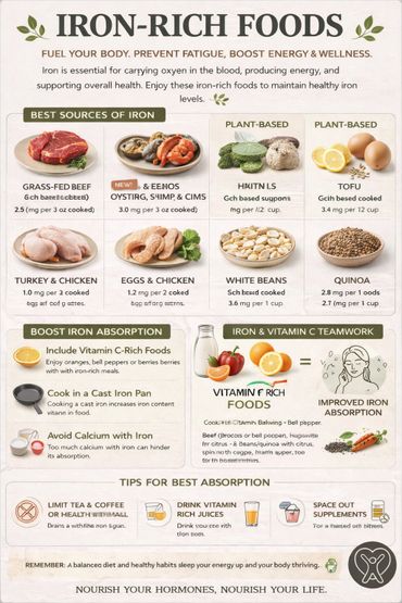 Infographic detailing iron-rich foods, absorption tips, and benefits of iron and vitamin C.