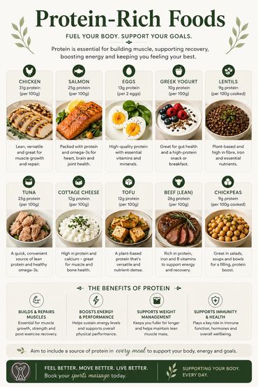 Infographic showcasing protein-rich foods and their benefits for muscle building and health.