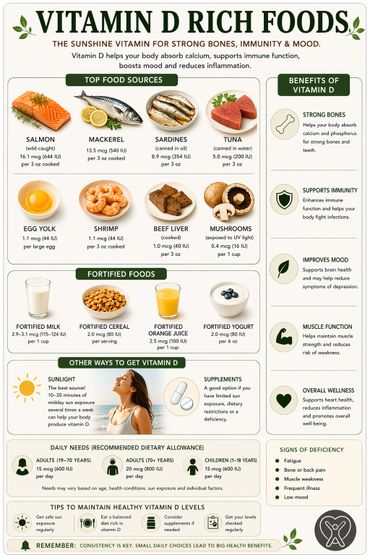 Infographic detailing vitamin D-rich foods, benefits, and sources for health.