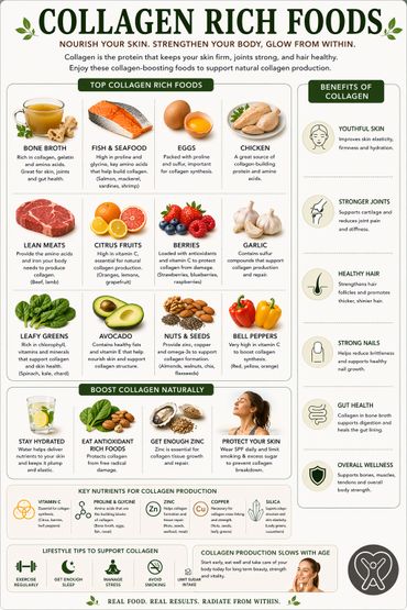 Infographic listing top collagen-rich foods and their benefits for skin, joints, and overall health.