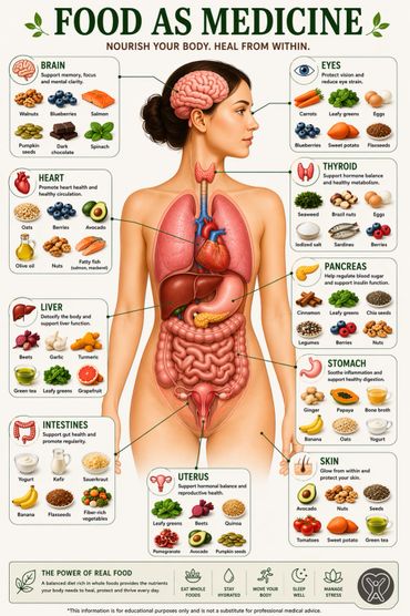 Infographic showing foods that support brain, heart, liver, intestines, eyes, thyroid, pancreas, stomach, uterus, and skin health.
