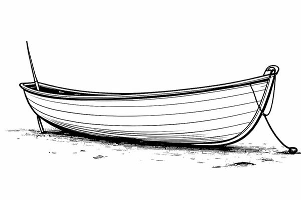 Black and white sketch of a small boat on the shore.