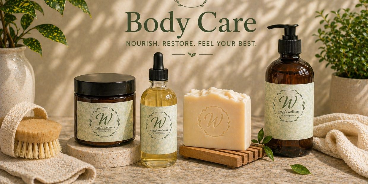 Natural body care products arranged with plants and towels for a soothing aesthetic.