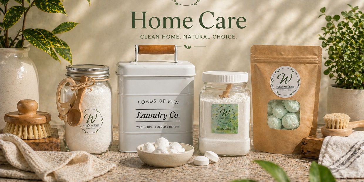 Natural home care products arranged on a kitchen counter with plants.
