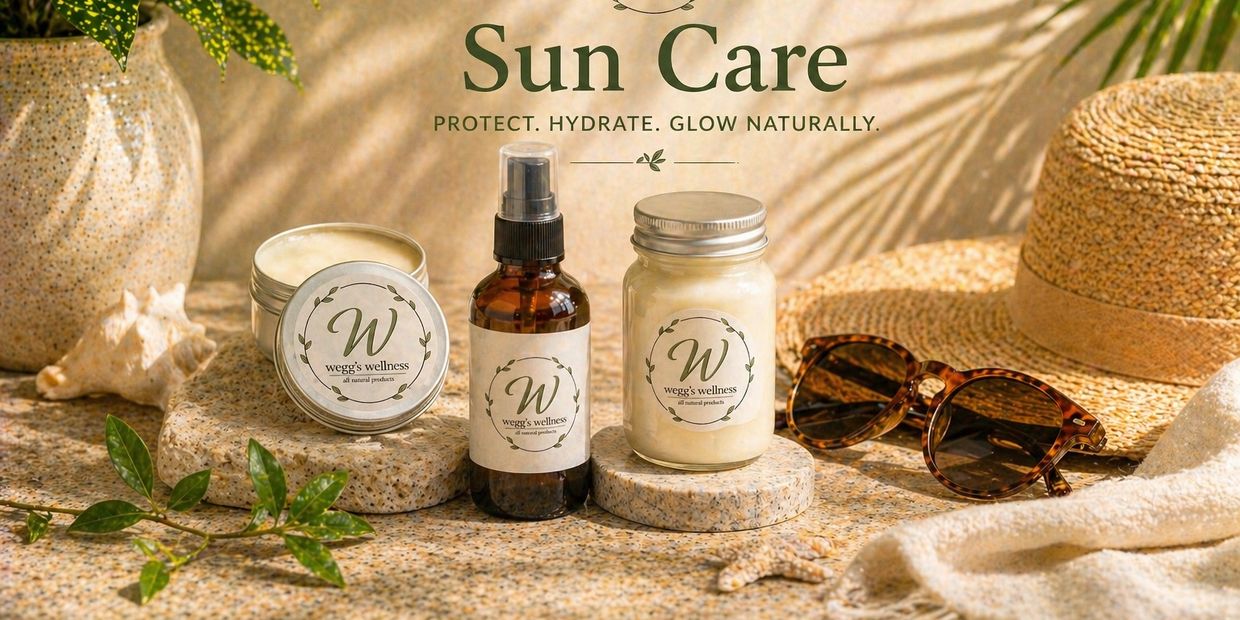 Natural sun care products from Wegg's Wellness arranged with summer accessories.