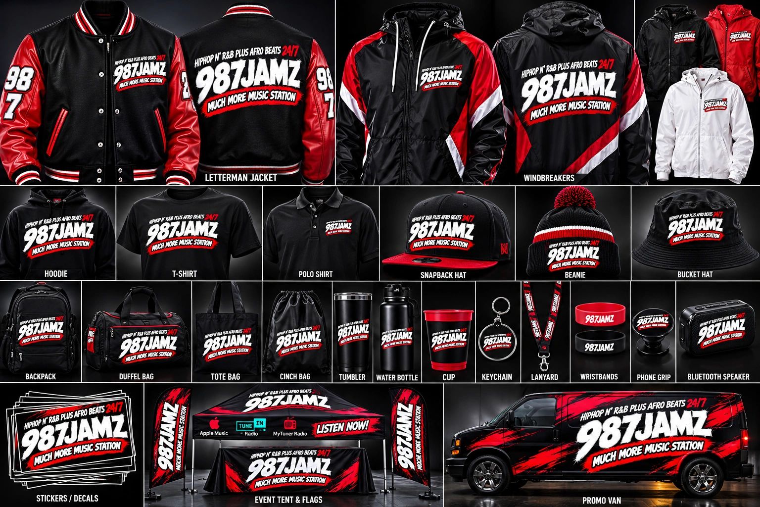 Various 987JAMZ branded merchandise including clothing, bags, accessories, and promotional items.