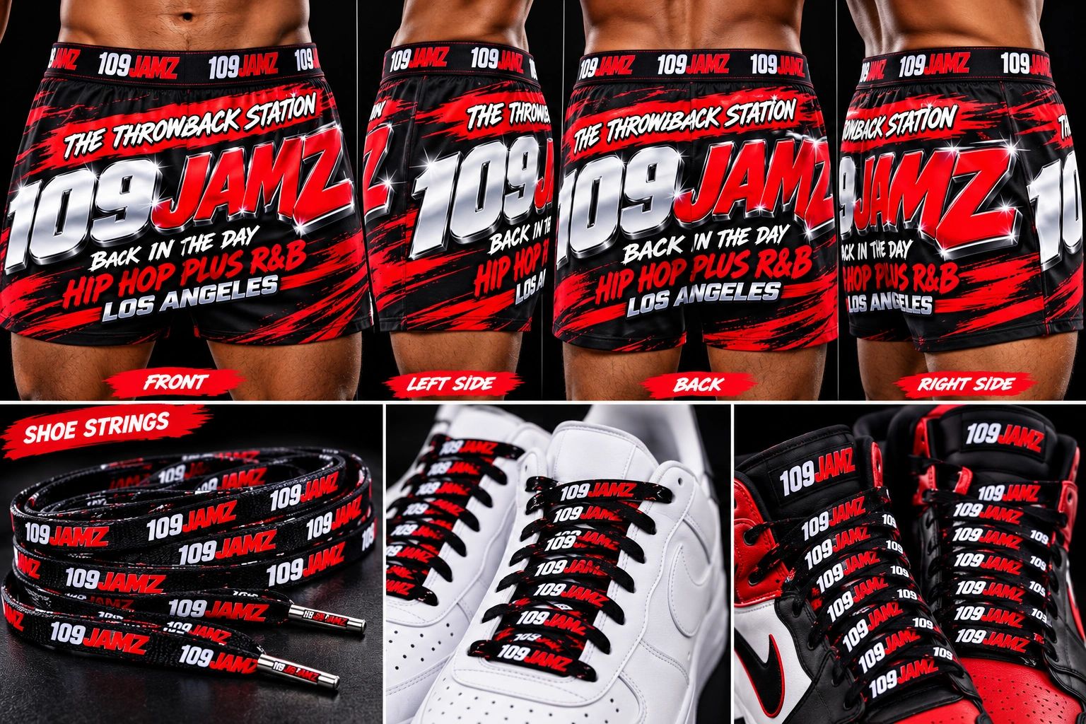 109 Jamz branded shorts and shoe strings from all angles.
