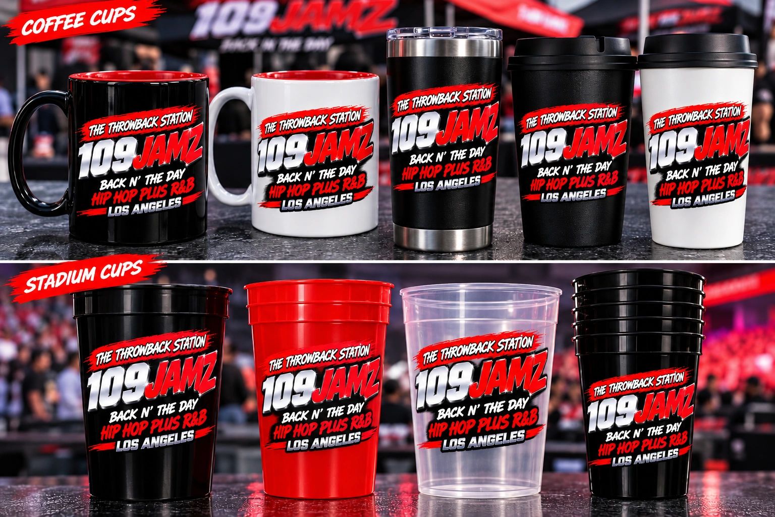 Various 109 JAMZ coffee and stadium cups.