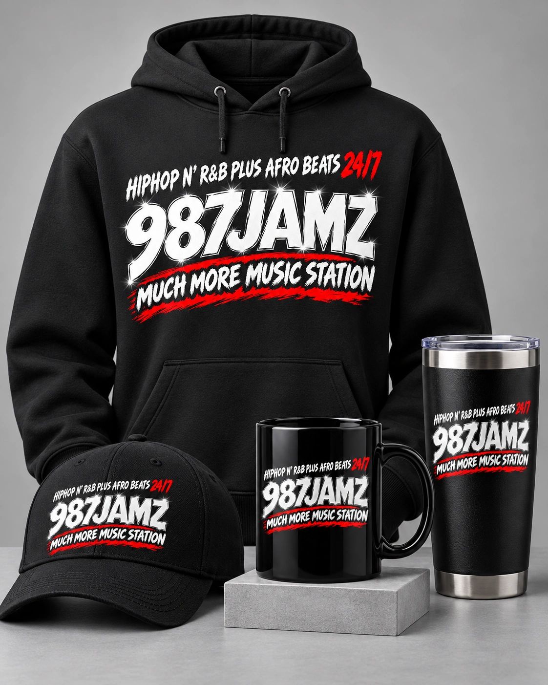 Merchandise set featuring 987JAMZ music station logo.