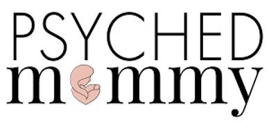 Logo with text 'Psyched Mommy' featuring a baby illustration.
