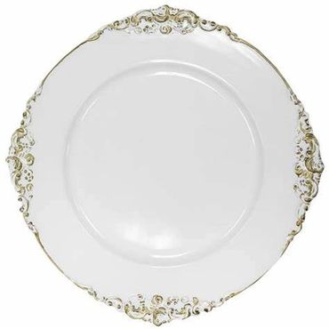 GOLD TRIM WHITE ACRYLIC BAROQUE CHARGER PLATE 