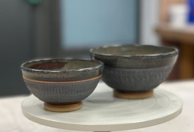 chattered blue and iron bowls
