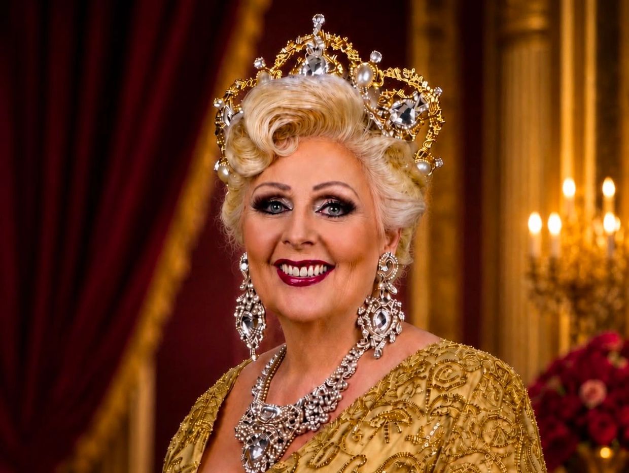 Elderly queen in golden attire with jeweled crown.