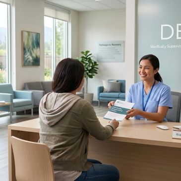 Healthcare professional handing patient educational materials at clinic.