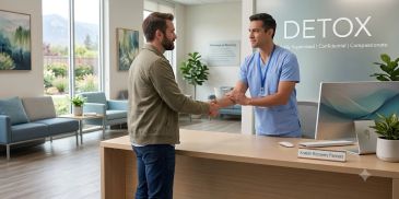 Two men shaking hands in a modern detox center lobby.