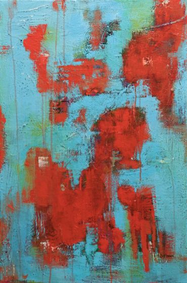 Abstract painting with red and blue colors.