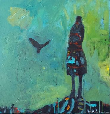 Abstract painting of a solitary figure with a bird in a green-blue background.
