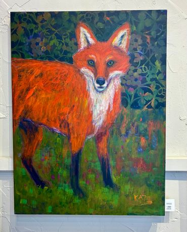 Colorful painting of a red fox in a vibrant natural setting.