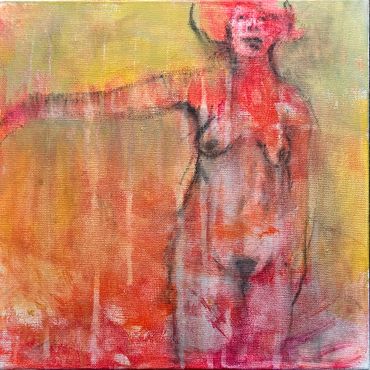 Abstract painting of a nude figure in warm tones with expressive brushstrokes.