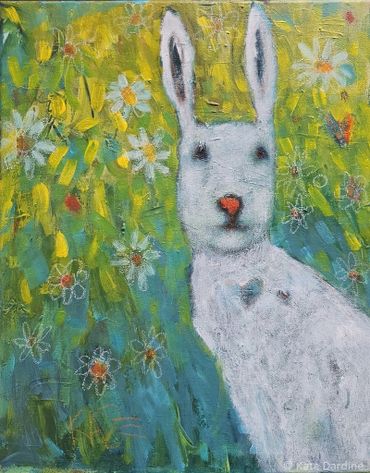 Abstract painting of a white rabbit in a colorful floral background.