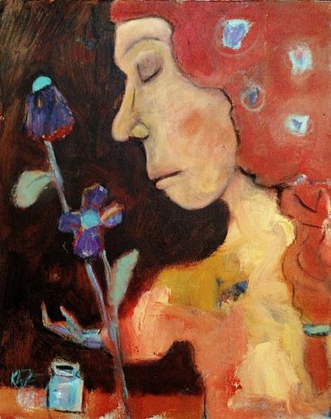 Abstract painting of a contemplative figure holding a flower with vibrant colors.