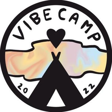 Vibecamp logo- circle with vibecamp written along the top and 2022 on the bottom. tent with heart.