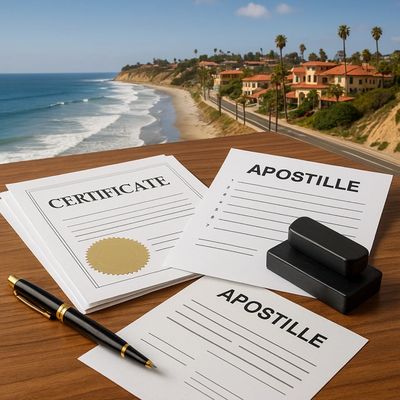 Official documents & a notary seal arranged on a desk overlooking the Del Mar coastline.