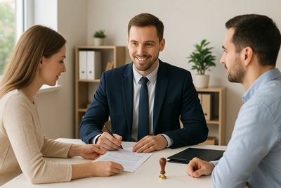 Professional Apostille Agent assisting clients with document signing in a modern office